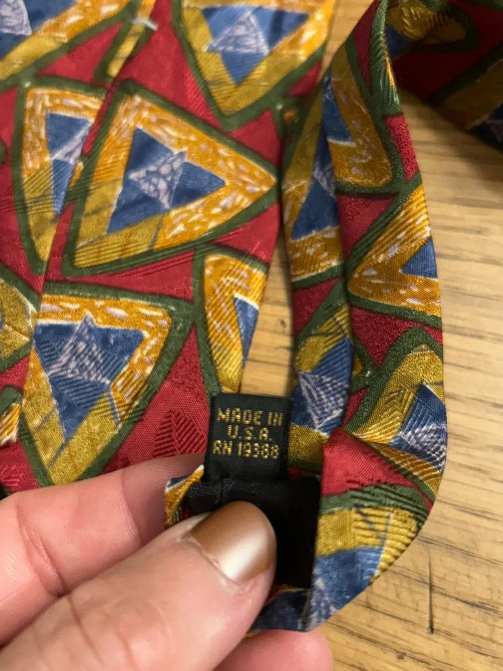 Karl Lagerfeld Red Silk Tie with Blue and Gold Geometric Motif
